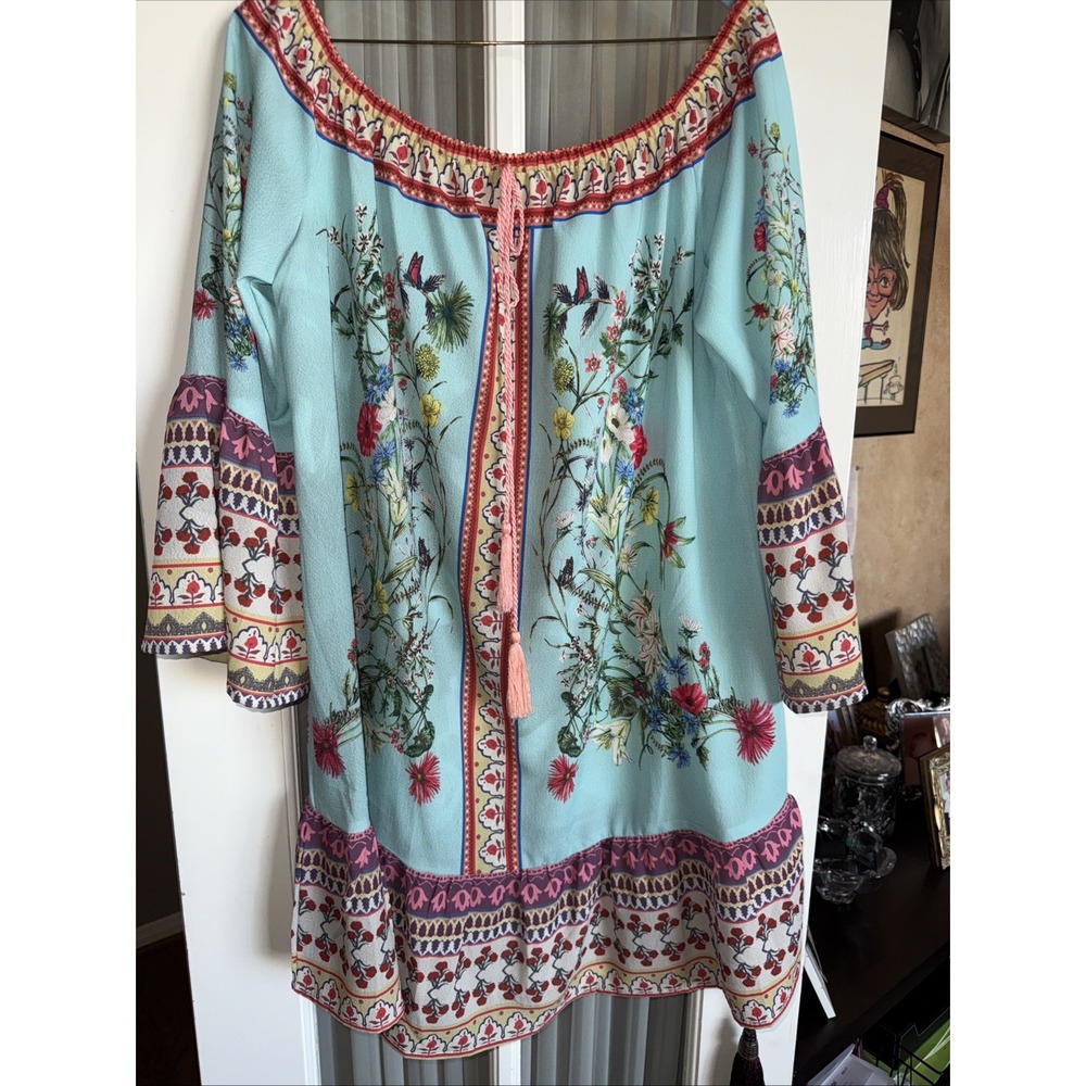 Umgee Medium Floral Bell Sleeve Ruffle Hem Off Shoulder Dress Tunic 5073